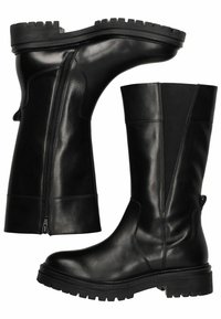 Bottes noires en cuir, montantes jusqu'au genou, avec une fermeture éclair sur le côté, finition texturée, semelle en caoutchouc épaisse et détails en panneau élastique pour un ajustement amélioré.