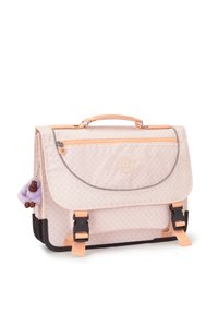 Lys pink messenger taske med et geometrisk mønster, sort bund, top håndtag, to front spænder og en abe nøglering.