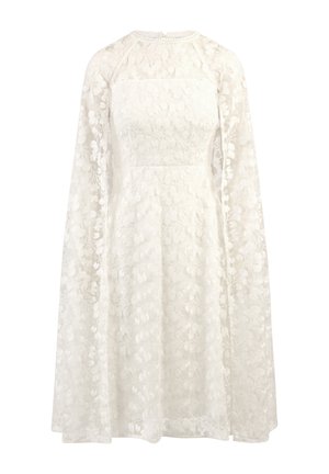 Lace dress in white with long cape-like sleeves, floral embroidery, round neckline, and a fitted bodice, featuring a slightly flared skirt.