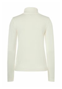 Cremefarbener Rollkragenpullover, lange Ärmel, weiche Strickstruktur, gerippter Kragen und Bündchen, enganliegendes Design. Rückansicht gezeigt.
