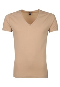 Beige V-hals T-shirt van zacht, rekbaar materiaal. Korte mouwen en een getailleerde pasvorm. Gladde textuur zonder patronen of accenten.