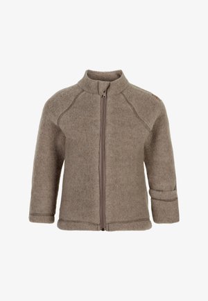 Grau wollene Jacke mit hohem Kragen, Frontreißverschluss und Dreiviertelärmeln. Verfügt über flache Nähte und eine markante Schulterakzentuierung.