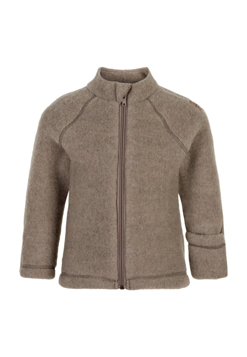 Grau wollene Jacke mit hohem Kragen, Frontreißverschluss und Dreiviertelärmeln. Verfügt über flache Nähte und eine markante Schulterakzentuierung.