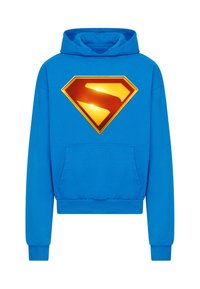 Blue hoodie made from cotton blend with a kangaroo pocket. Features a large yellow-orange Superman logo on the chest.