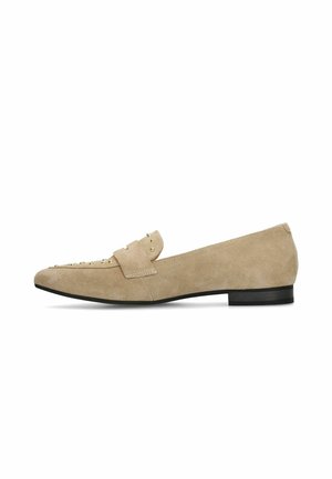 Beige suede flat loafer with pointed toe, decorative studs on upper, strap detail, and low black heel.