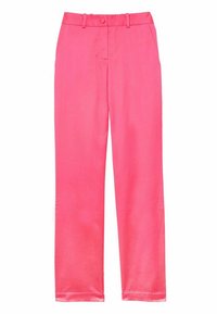 Pantalons roses en tissu lisse, avec une coupe droite, une taille standard avec fermeture à bouton, et sans motifs ni accents visibles.