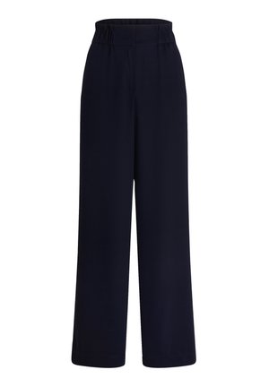 Černé široké kalhoty s vysokým pasem, elastickým pasem a bez viditelných kapes nebo zapínání.