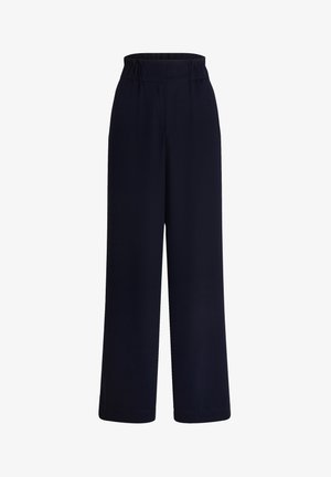 Schwarze, hoch taillierte, weit geschnittene Hose mit elastischem Bund und ohne sichtbare Taschen oder Verschlüsse.