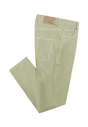 Lichtgroene katoenen broeken met een rechte pijpdesign. Voorzien van een achterzak en een beige leren label op de taille.