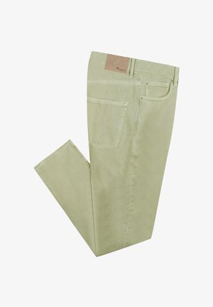 Lichtgroene katoenen broeken met een rechte pijpdesign. Voorzien van een achterzak en een beige leren label op de taille.