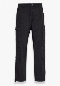 Pantalon cargo noir avec plusieurs poches latérales, une fermeture à bouton et une coupe droite avec une texture lisse.
