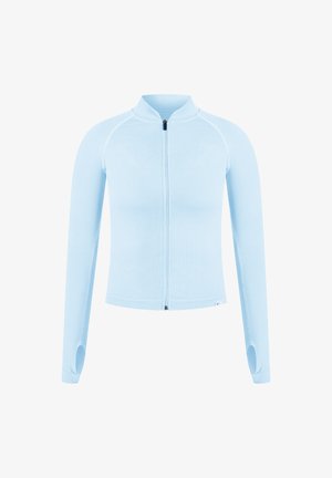 Giacca zip-up azzurro chiaro con texture a coste. Caratterizzata da maniche lunghe, fori per il pollice e colletto alto. Tessuto liscio e design aderente.