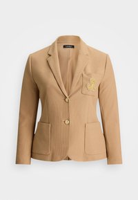 Beige zakó, két elülső zsebbel és aranygombos záródással. Hímzett logó a mellzsebben. Texturált anyag.