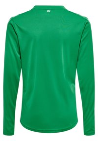 Grønne langærmede træningsshirt med en glat, blank overflade og skulderstriber. Har en rund hals og logo på bagsiden.