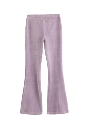 Pantalons évasés en tissu lavande doux et léger avec une texture lisse et une taille élastique. Pas de motifs ou d'accents visibles.