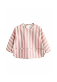 Pink and cream striped long-sleeve top with an elastic hem and a round neckline. Features a front pocket and lightweight material.