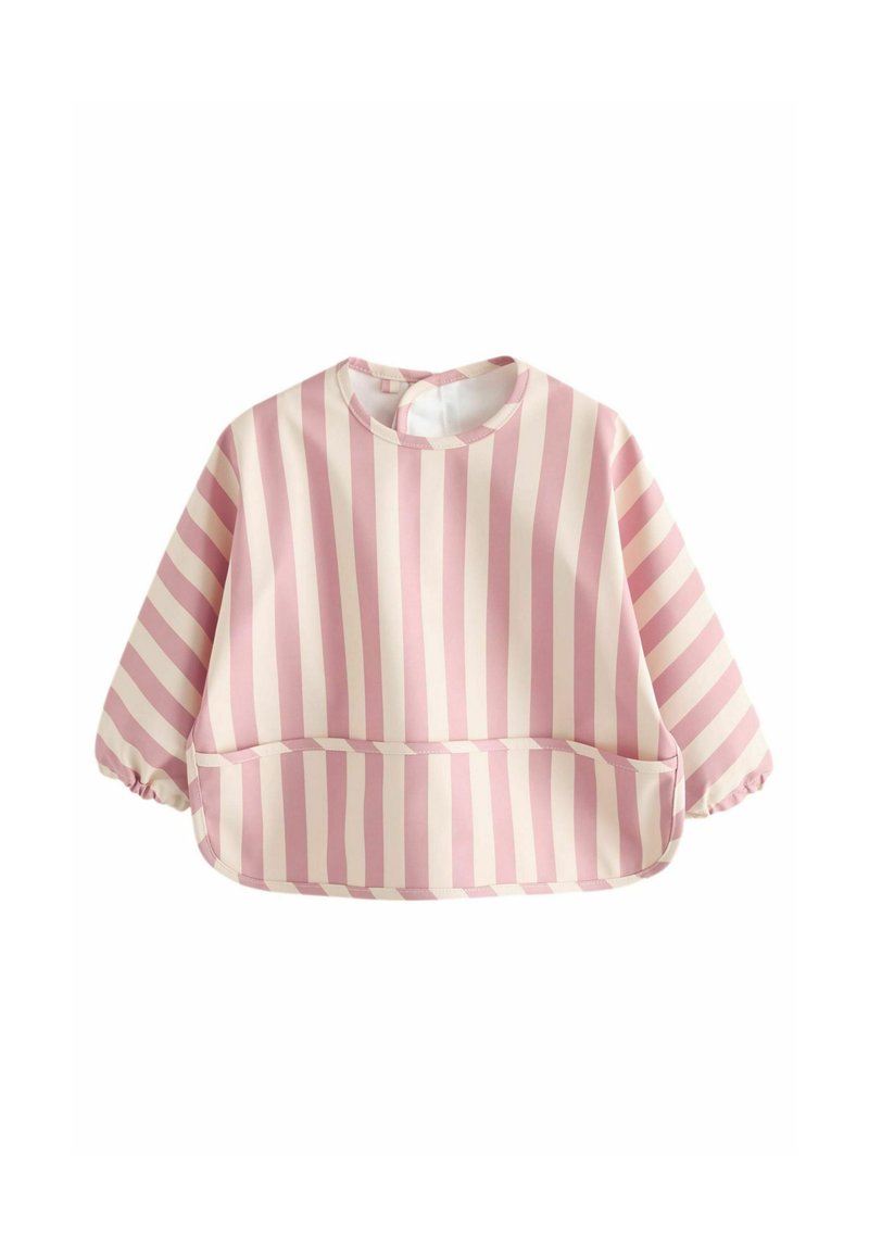 Pink and cream striped long-sleeve top with an elastic hem and a round neckline. Features a front pocket and lightweight material.