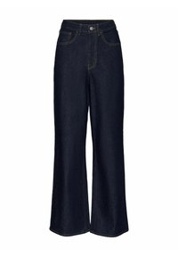 Mörkblå vida jeans, tillverkade av denim med en slät yta. Har fem fickor, synliga sömmar i gyllene toner och en standard knappstängning.