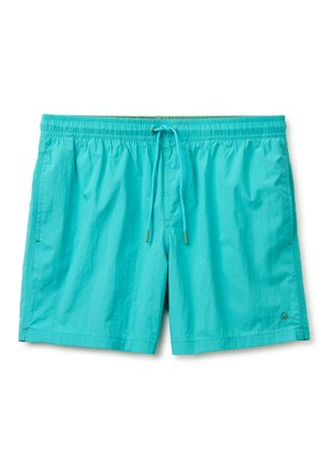 Costume da bagno da uomo turchese con vita elasticizzata, coulisse regolabile, tasche laterali e piccolo logo sulla gamba sinistra.