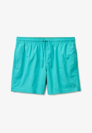 Turkooizen zwembroek voor mannen met elastische tailleband, verstelbaar trekkoord, zijzakken en klein logo op het linkerbeen.