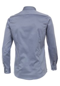 Chemise bleu clair à manches longues en tissu lisse, avec un col pointu, des poignets boutonnés et un ourlet arrondi à l'arrière.