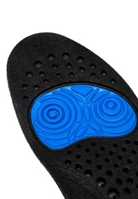 Black insole with a textured surface and perforations, featuring a prominent blue rubber insert with circular patterns for support.