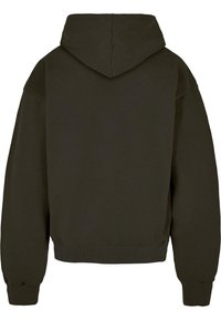 Sötétzöld, laza szabású kapucnis pulóver, hosszú ujjal és bordázott mandzsettával. Puha tapintású és egyszerű dizájn, látható mintázat nélkül.