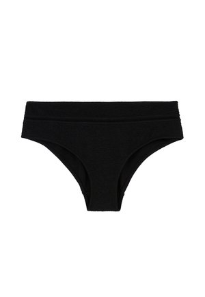 Bas de bikini noir avec un tissu texturé, un design taille basse et une large ceinture avec des détails cousus.