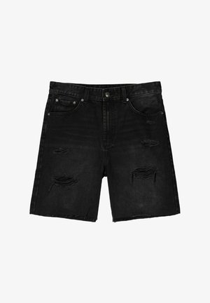 Schwarze Jeansshorts mit einem distressed Muster, ausgestattet mit gerissenen Details an der Vorderseite, Fünf-Taschen-Design und Metallknopfverschluss.