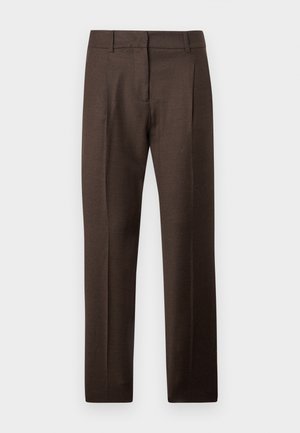 Pantaloni bărbați maro, croiți, cu o textură fină, având fața netedă, picioare drepte și pliuri presate. Nu au buzunare vizibile sau decorațiuni.