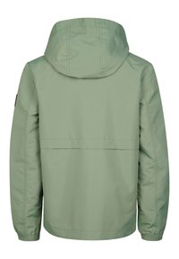 Lysegrøn hættejakke, lavet af glat, vandafvisende stof. Har elastiske manchetter og en vandret søm over ryggen.