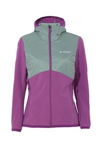 Lila und grüne Kapuzenjacke mit durchgehendem Reißverschluss, die einen gesteppten oberen Bereich und einen glatten unteren Stoff aufweist, entworfen für Outdoor-Aktivitäten.