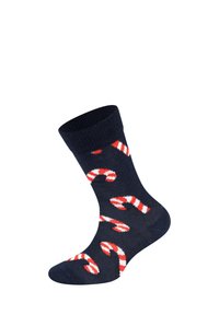 Navy sock with a ribbed top, featuring a pattern of red and white candy canes scattered across the surface.