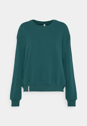 Mørk petroleumsfarvet langærmet sweatshirt med ribstrikkede manchetter, kant og halsudskæring, vist på hvid baggrund med en lille sideetiket.