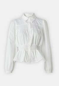 Weiße Bluse mit Knopfleiste, die einen Peplum-Saum, eine geraffte Mitte, gepuffte lange Ärmel und einen klassischen Kragen aufweist. Hergestellt aus leichtem Baumwollstoff.