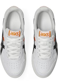 White leather athletic shoes with black and orange accents, featuring a lace-up design, perforated toe, and padded collar for comfort.