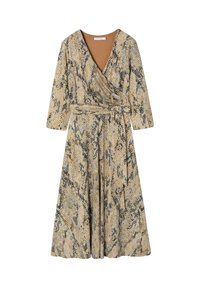 Robe portefeuille à manches longues avec motif serpent, col en V et ceinture en tissu assortie à la taille, tons beige et noir.
