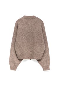 Bruine, cropped trui met lange, brede mouwen. Gemaakt van een zachte, gestructureerde stof. Heeft een ronde halslijn en subtiele stikdetails.