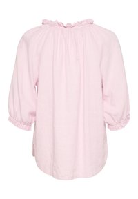 Hellrosa Baumwollbluse mit einem gerafften Ausschnitt und puffärmel. Sie hat elastische Bündchen und ein lockeres, luftiges Design mit seitlichen Schlitzen.