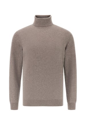 Brun turtleneck trøje lavet af blødt stof, med lange ærmer, en tætsiddende krave og en glat overflade uden mønstre.