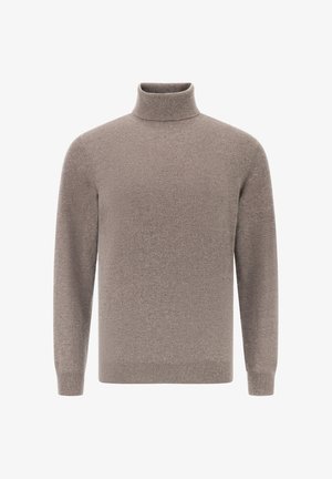 Brun turtleneck trøje lavet af blødt stof, med lange ærmer, en tætsiddende krave og en glat overflade uden mønstre.