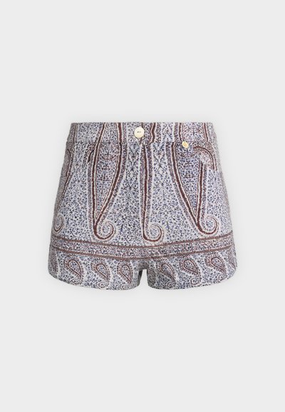 Short taille haute avec motifs paisley et floraux en tons bleus et bruns, doté d’un bouton devant et d’une petite poche latérale.