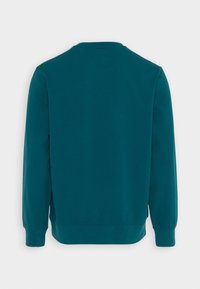 Felpa in pile color teal con scollo tondo, maniche lunghe e polsini a coste. Texture liscia, dettagli di cuciture minimi e finitura a tinta unita.