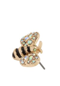 Orecchino a chiodo dorato a forma di ape con strisce nere e strass multicolori sulle ali. Chiusura a perno in metallo.