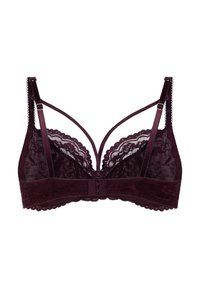 Bordeaux kanten bralette met een doorzichtige ontwerp, geschulpte randen, verstelbare bandjes en een haak-en-oogsluiting op de rug.