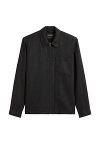 Black long-sleeve shirt made of textured fabric. Features a zip closure, collar, and a single chest pocket for added detail.