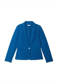 Blazer bleu avec une fermeture à un bouton, deux poches avant et un col en V. Sa texture lisse et sa coupe ajustée renforcent son design structuré.