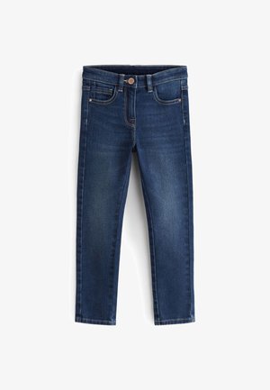 Vaqueros de mezclilla azul oscuro con un corte ajustado, diseño de cinco bolsillos, cierre de botón y un ligero desgaste en los muslos y costuras.