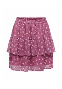 Gonna a balze di un colore rosa chiaro con un motivo a rombi in rosa scuro e bianco. Realizzata in un tessuto leggero e trasparente con una vita elastica.