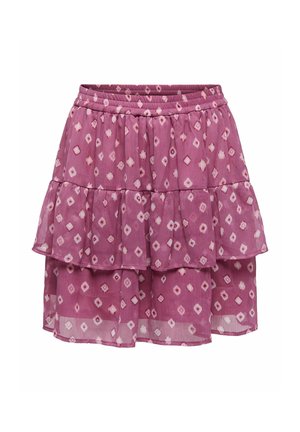 Jupe à volants de couleur rose clair avec un motif en diamants dans des tons de rose foncé et de blanc. Fabriquée en tissu léger et transparent avec une ceinture élastique.